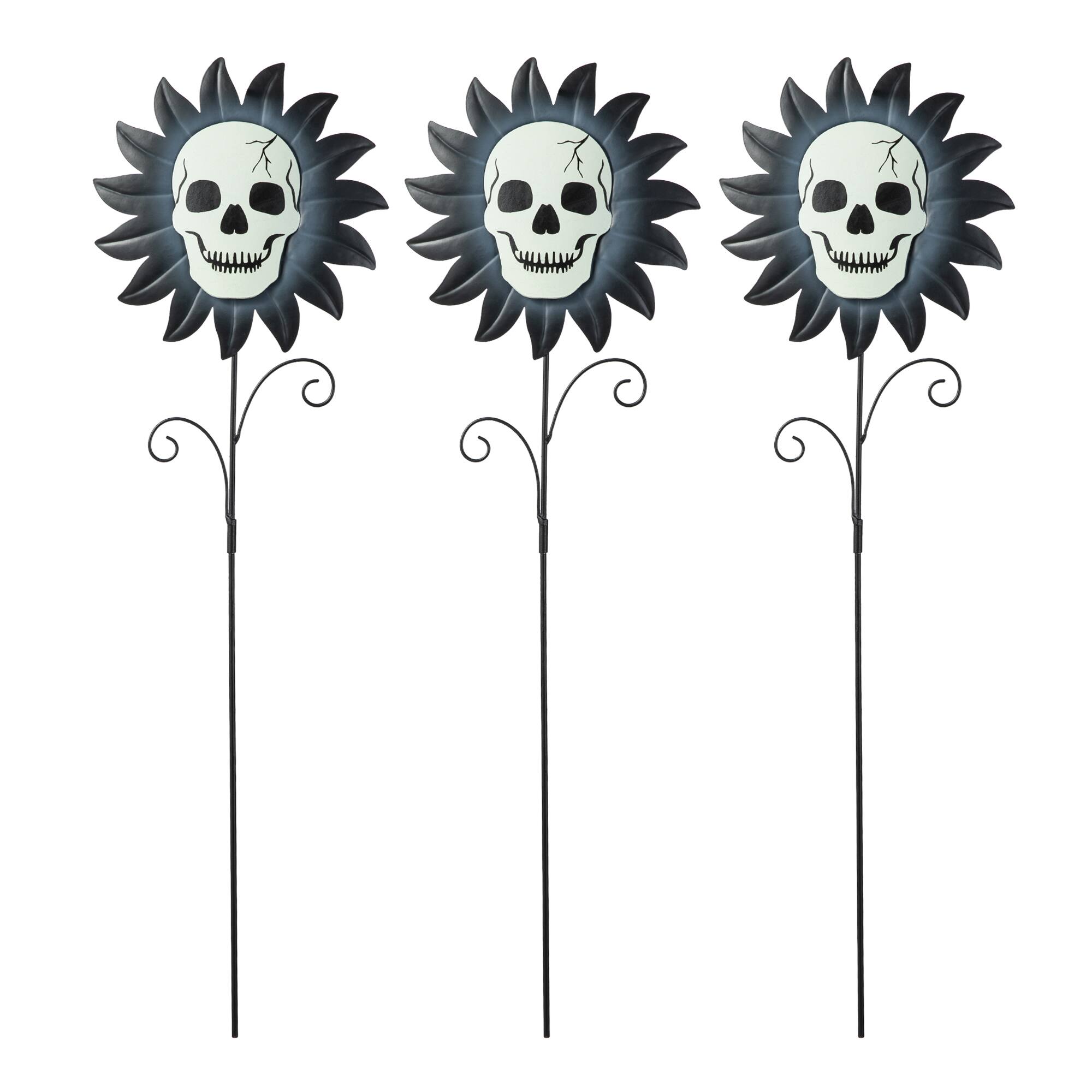 Glitzhome® 24" Halloween Metal Sunflower Skulls Glow-in-Dark Yard Stakes, 3ct.